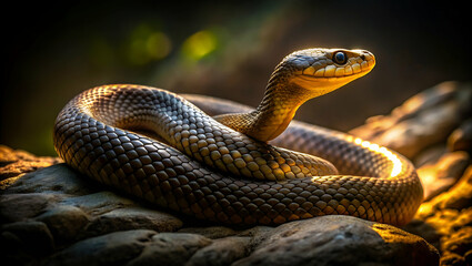Fototapeta premium A coiled snake rests on a rock, illuminated by soft light, showcasing its smooth scales and alert posture in a natural setting.