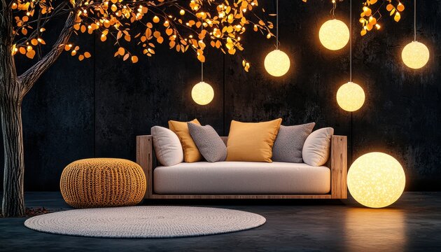 Cozy living room setup with modern sofa and warm ambient lighting.
