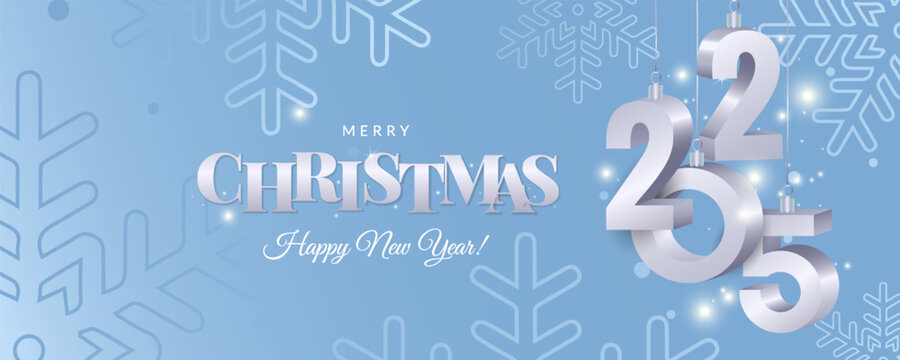 Merry Christmas and Happy New Year 2025 greeting card, banner. Luxury Xmas modern design with silver typography, snowflakes on blue background.