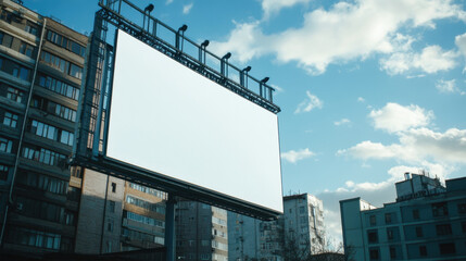 large blank billboard stands prominently against backdrop of urban buildings under bright blue sky with scattered clouds. This scene captures essence of city life and advertising potential