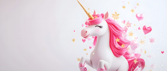 Magical Pink Unicorn with Golden Horn and Hearts