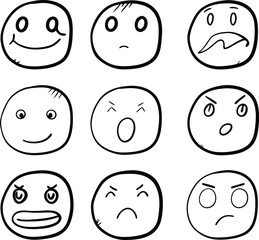 collection of  hand drawn emojis faces doodle emotion vector illustration