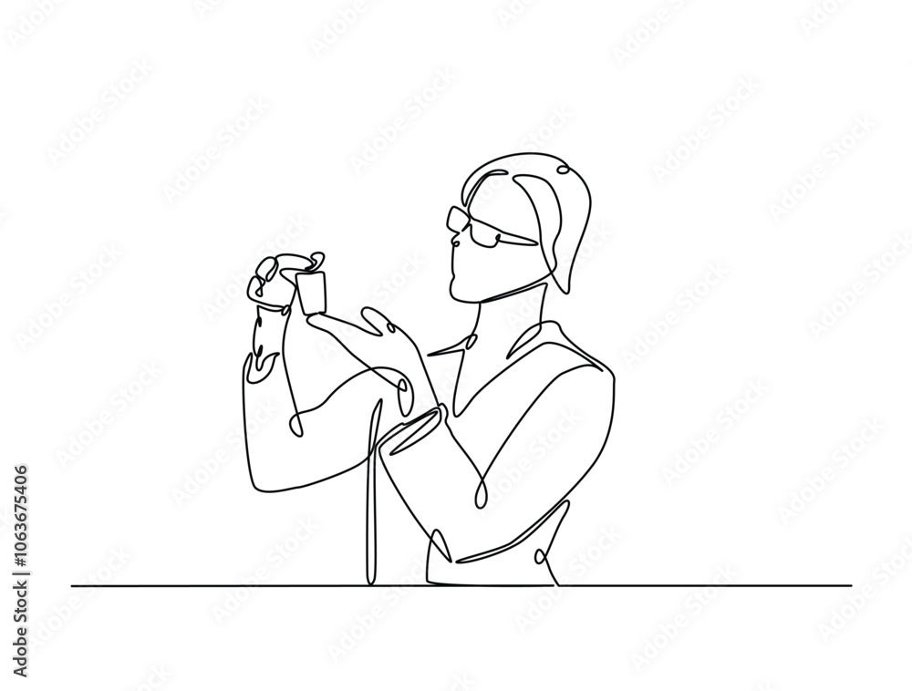 Poster continuous one line drawing of scientist holds flashk in labs. editable vector.
