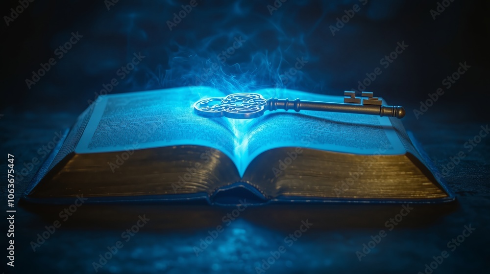 Poster glowing key on open book with mystical vibes