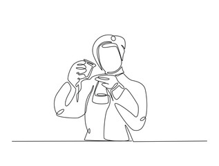 Continuous one line drawing of scientist holds flashk in labs. Editable vector.