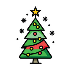Decorated Christmas tree with star topper, Illustration of a decorated Christmas tree with colorful ornaments and a star on top, symbolizing holiday spirit and festive decor.