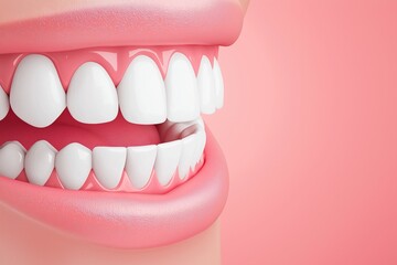 Fototapeta premium Close-up of smiling woman's mouth model dental dentist pearly white teeth on pink background