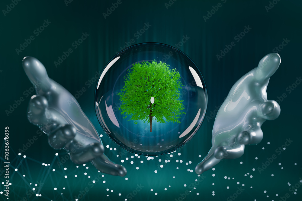 Poster a symbolic representation of environmental protection with a tree inside a glass sphere held by hand