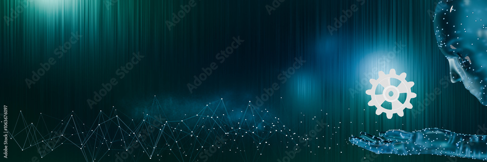 Poster concept of artificial intelligence development. robot in the form of a transparent person looks at a