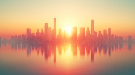 Fototapeta premium Sunrise Over Illuminated Cityscape with Skyscrapers