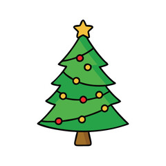 Decorated Christmas tree with star topper, Illustration of a decorated Christmas tree with colorful ornaments and a star on top, symbolizing holiday spirit and festive decor.