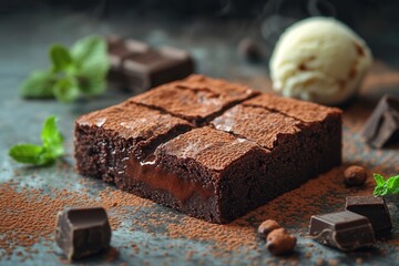 A delectable chocolate brownie features a warm, gooey filling that flows out when cut. Accompanying it is a scoop of vanilla ice cream, lightly dusted with cocoa, perfect for a sweet dessert experienc