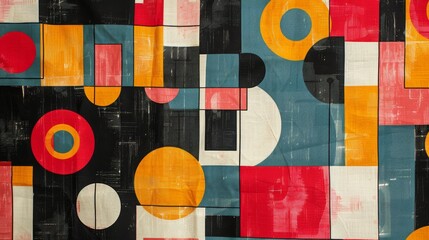 A modern Swiss geometry print with a mix of geometric shapes, including rectangles, squares, and circles