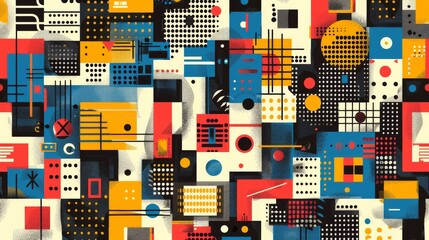 A modern Swiss geometry print with a mix of geometric shapes, including rectangles, squares, and circles