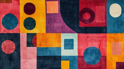 A modern Swiss geometry print with a mix of geometric shapes, including rectangles, squares, and circles