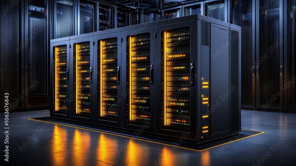 Aufkleber data center with server racks illuminated in orange lights on a dark background.