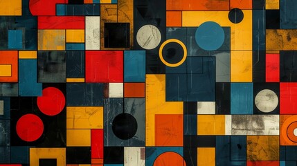 A modern Swiss geometry print with a mix of geometric shapes, including rectangles, squares, and circles