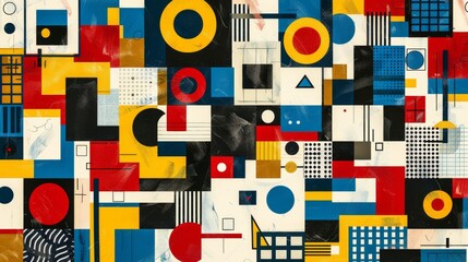 A modern Swiss geometry print with a mix of geometric shapes, including rectangles, squares, and circles