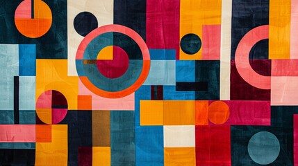A modern Swiss geometry print with a mix of geometric shapes, including rectangles, squares, and circles