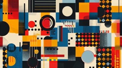 A modern Swiss geometry print with a mix of geometric shapes, including rectangles, squares, and circles