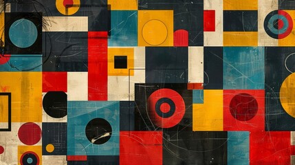 A modern Swiss geometry print with a mix of geometric shapes, including rectangles, squares, and circles