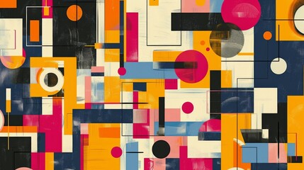 A modern Swiss geometry print with a mix of geometric shapes, including rectangles, squares, and circles