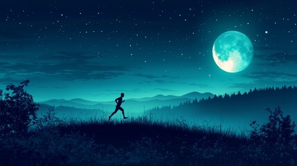 Silhouetted Runner Crossing a Hilltop Under Moonlight