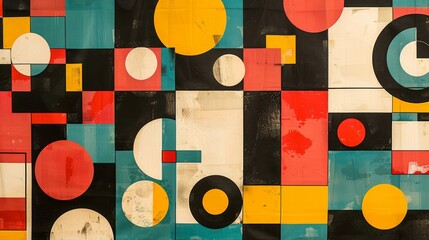 A modern Swiss geometry print with a mix of geometric shapes, including rectangles, squares, and circles