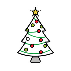 Decorated Christmas tree with star topper, Illustration of a decorated Christmas tree with colorful ornaments and a star on top, symbolizing holiday spirit and festive decor.