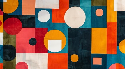 A modern Swiss geometry print with a mix of geometric shapes, including rectangles, squares, and circles