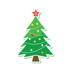 Decorated Christmas tree with star topper, Illustration of a decorated Christmas tree with colorful ornaments and a star on top, symbolizing holiday spirit and festive decor.