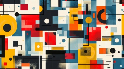 A modern Swiss geometry print with a mix of geometric shapes, including rectangles, squares, and circles