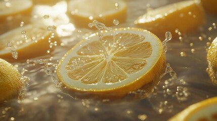 Ultra-realistic depiction of lemon slices floating in the air with water and ice splashing around them. 