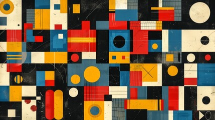 A modern Swiss geometry print with a mix of geometric shapes, including rectangles, squares, and circles