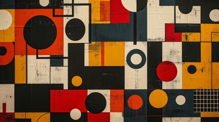A modern Swiss geometry print with a mix of geometric shapes, including rectangles, squares, and circles