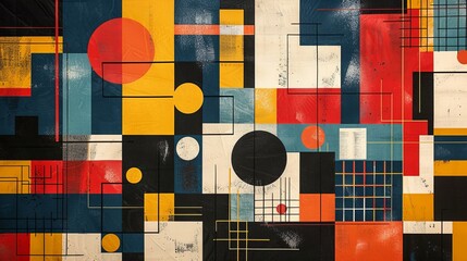 A modern Swiss geometry print with a mix of geometric shapes, including rectangles, squares, and circles