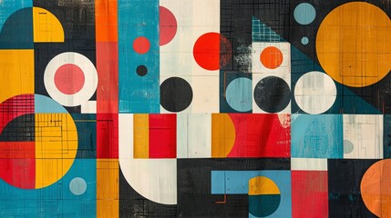 A modern Swiss geometry print with a mix of geometric shapes, including rectangles, squares, and circles