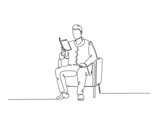 Continuous one line drawing of man reading book in cozy armchair. Editable vector.