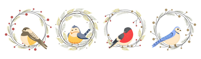 Set of Christmas wreaths with branches and berries and winter birds. Vector illustration