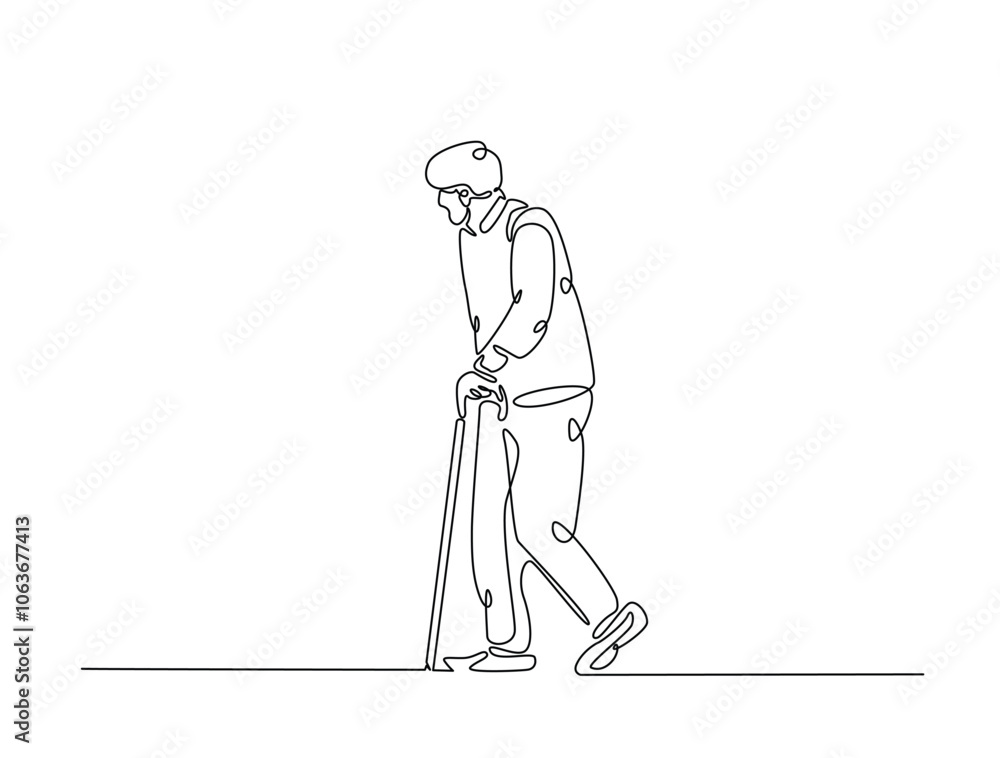 Poster continuous one line drawing of an elderly man walk using cane walking. editable vector.