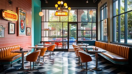 Retro diner interior with checkered floor.