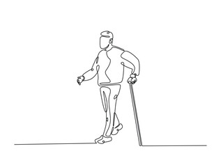 Continuous one line drawing of an elderly man walk using cane walking. Editable vector.