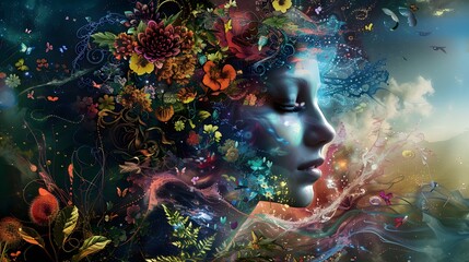 Ethereal Floral Portrait in Surreal Fantasy Landscape