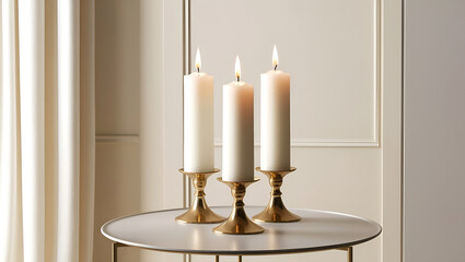 Three white candles, each set on a stately gold candlestick, sit on a sleek, minimalist table against a calming backdrop of light beige tones.