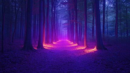 Fototapeta premium A mystical path through a foggy forest illuminated by a vibrant pink glow.