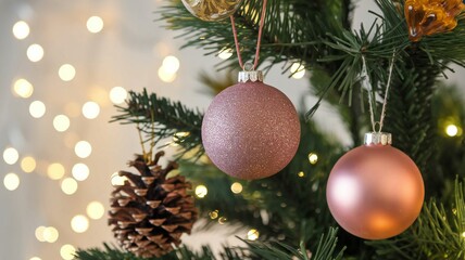 Pink Christmas Ornaments on a Decorated Tree with Lights