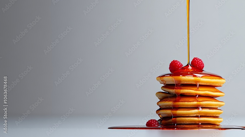 Poster sweet stack of pancakes with syrup and raspberries