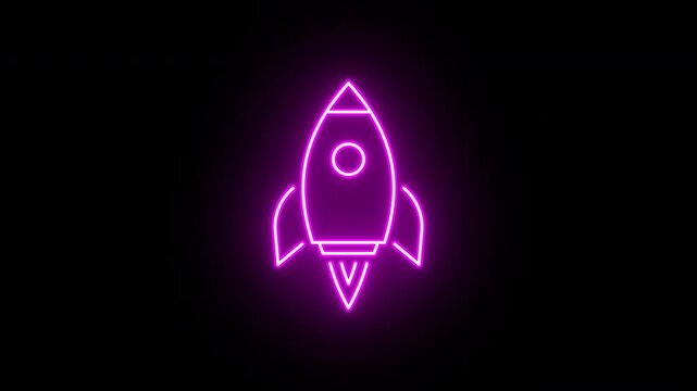Neon spaceship animation, slow blink. Glowing neon rocket icon, looped slow flashing animation. Spacecraft flight, space technology, startup launch, business boost. Purple, red, pink colors