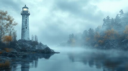 mysterious lighthouse standing tall on a foggy island surrounded by cliffs and dense forests creating an enchanting atmosphere perfect for a moody 3d illustration