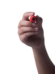 Hand holding red marker for writing isolated on white background
